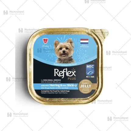 ووم سگ رفلکس پلاس با طعم شاه‌ماهی و میگو در ژله وزن 85 گرم Reflex Plus Herring & Shrimp in Jelly