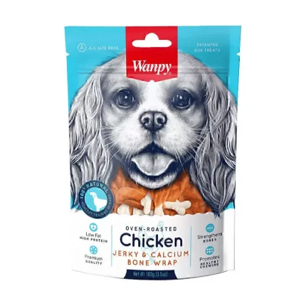 تشویقی سگ ونپی با طعم مرغ و کلسیم وزن 100 گرم | Dog Treat Wanpy Chicken Jerky & Calcium Bone Wrap 100 g