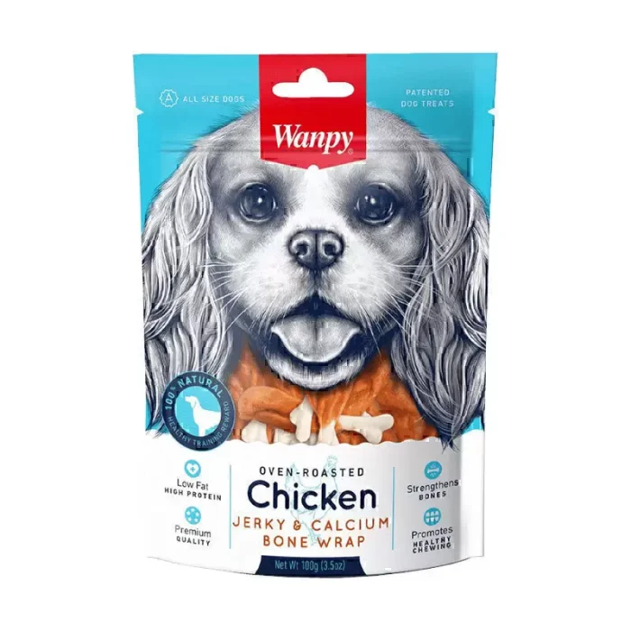 تشویقی سگ ونپی با طعم مرغ و کلسیم وزن 100 گرم | Dog Treat Wanpy Chicken Jerky & Calcium Bone Wrap 100 g