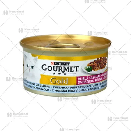 کنسرو غذای گربه گورمت با طعم ماهی و اسفناج Gourmet Gold Fish & Spinach In Gravy وزن ۸۵ گرم