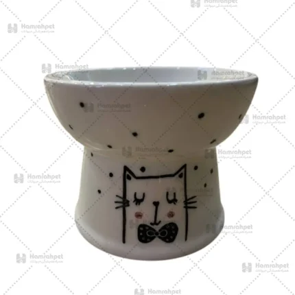 ظرف پایه دار سرامیکی سگ و گربه طرح گربه پاپیون دار